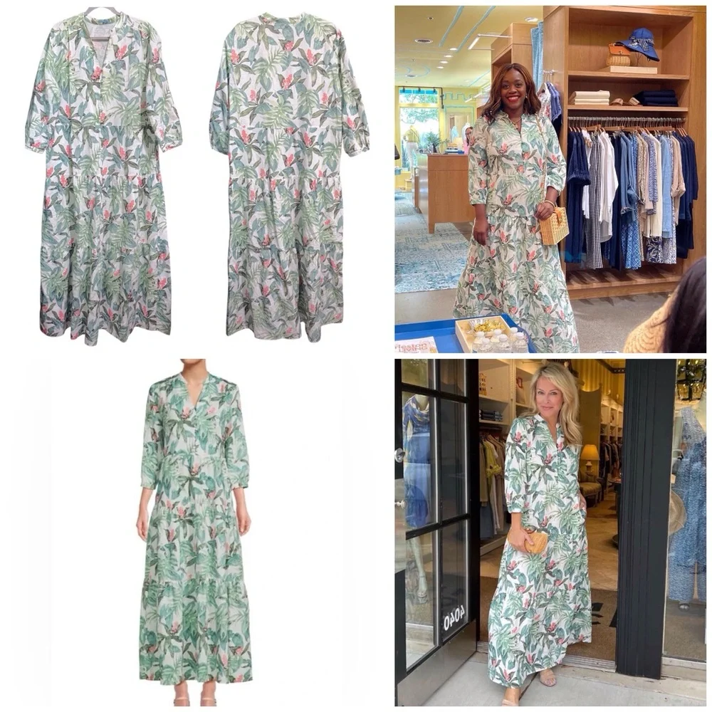 J. Mclaughlin Cunningham Palm Print Linen Blend Tiered Maxi Dress XLarge AS IS - Picture 1 of 15